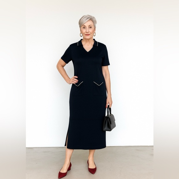 Vintage Liz Claiborne Maxi Shift Dress Black Knit Short Sleeve Size Large - Picture 1 of 5